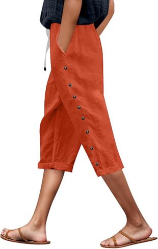 Linen Capri Pants Women 2026 Spring Summer Casual Drawstring Side Button Elastic Waist Straight Wide Leg Cropped Pant in Saudi Arabia