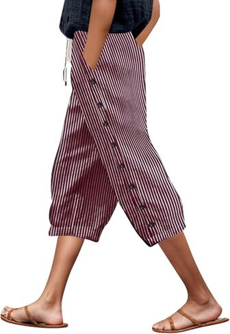 Linen Capri Pants Women 2026 Spring Summer Casual Drawstring Side Button Elastic Waist Straight Wide Leg Cropped Pant in Saudi Arabia