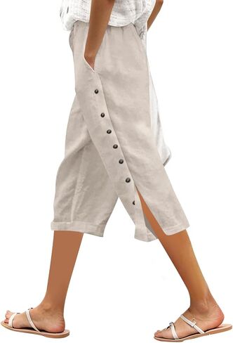 Linen Capri Pants Women 2026 Spring Summer Casual Drawstring Side Button Elastic Waist Straight Wide Leg Cropped Pant in Saudi Arabia
