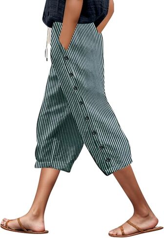 Linen Capri Pants Women 2026 Spring Summer Casual Drawstring Side Button Elastic Waist Straight Wide Leg Cropped Pant in Saudi Arabia