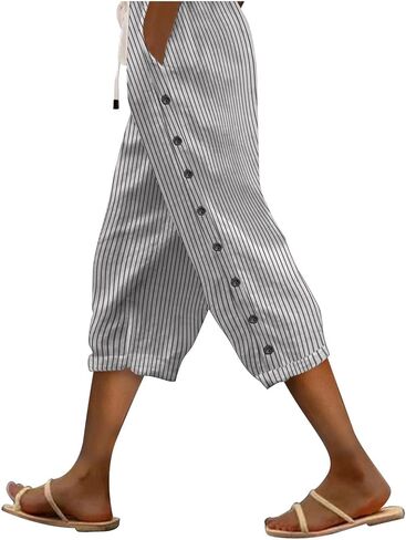 Linen Capri Pants Women 2026 Spring Summer Casual Drawstring Side Button Elastic Waist Straight Wide Leg Cropped Pant in Saudi Arabia