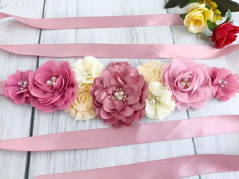 Maternity Flower Sash Belt Dusty Pink,Flower Sash for Babyshower,Dusty Pink Sash Belt for Women Dresses in Kuwait