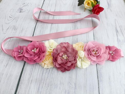 Maternity Flower Sash Belt Dusty Pink,Flower Sash for Babyshower,Dusty Pink Sash Belt for Women Dresses in Kuwait
