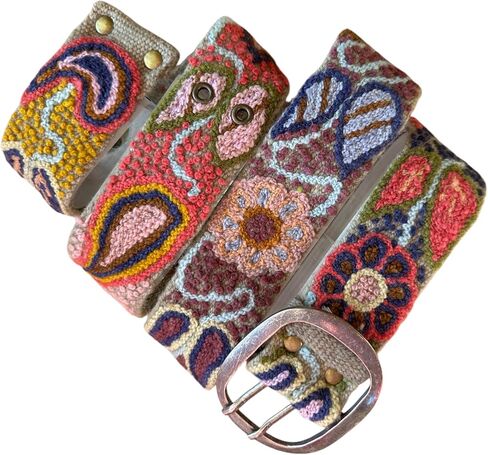 Hand Embroidered Peruvian Wool Belt, Flower Belt, Statement Belt - Bohemian Mosaic Tan Base in Saudi Arabia