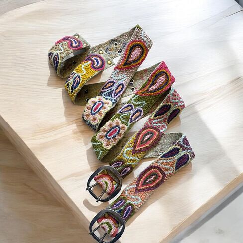 Hand Embroidered Peruvian Wool Belt, Flower Belt, Statement Belt - Bohemian Mosaic Tan Base in Saudi Arabia