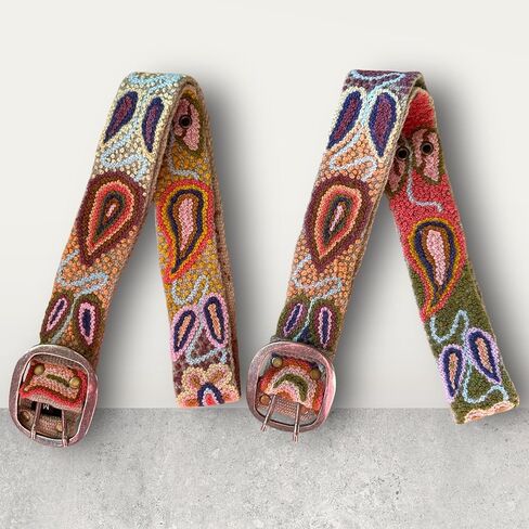 Hand Embroidered Peruvian Wool Belt, Flower Belt, Statement Belt - Bohemian Mosaic Tan Base in Saudi Arabia