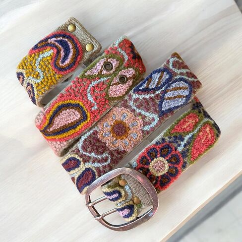 Hand Embroidered Peruvian Wool Belt, Flower Belt, Statement Belt - Bohemian Mosaic Tan Base in Saudi Arabia