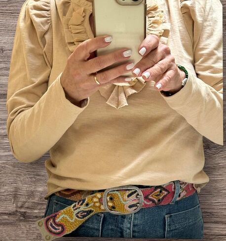 Hand Embroidered Peruvian Wool Belt, Flower Belt, Statement Belt - Bohemian Mosaic Tan Base in Saudi Arabia