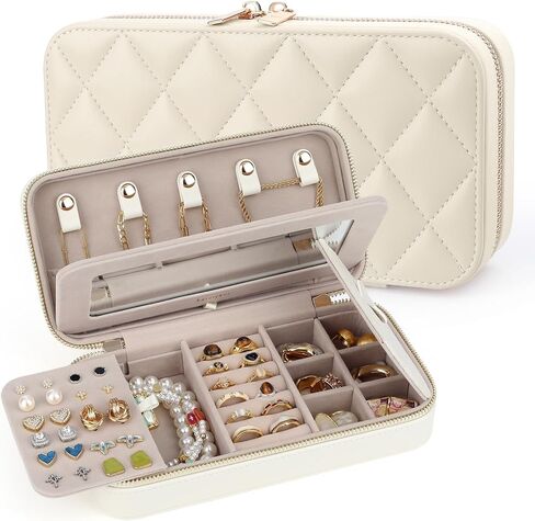 Travel Jewelry Case with Mirror, Quilted Small Jewelry Box Organizer for Women Girls, Portable Earring Necklace Bracelet Ring Holder Storage for Travel, Gifts for Her (Beige) in Saudi Arabia