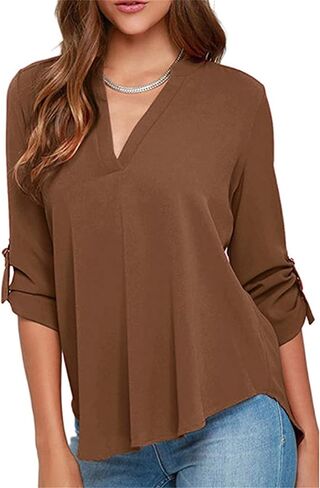 YMING Womens V Neck Chiffon Blouse Long Sleeve Solid Color Tunic Tops Casual Loose Shirts in Saudi Arabia