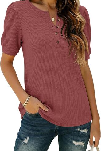 siliteelon Womens Short Sleeve Waffle Blouses Henley V Neck Tunic Shirts Dress Casual Work Button Up Summer Trendy Tops in Saudi Arabia