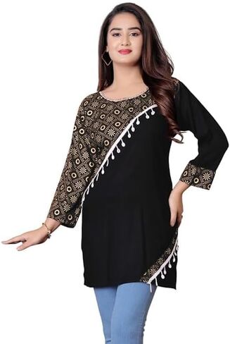 Women's Printed Viscose Rayon Straight Kurti Round Neck Short Kurti | Short Kurtis for Women on Jeans in Saudi Arabia