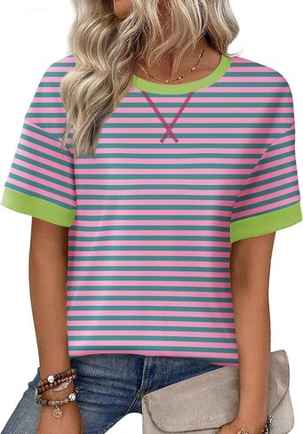 Zeagoo Womens Tops Casual Oversized Short Sleeve Sweatshirt Summer Striped Shirt Crewneck Pullover Loose T Shirts Blouse in Saudi Arabia