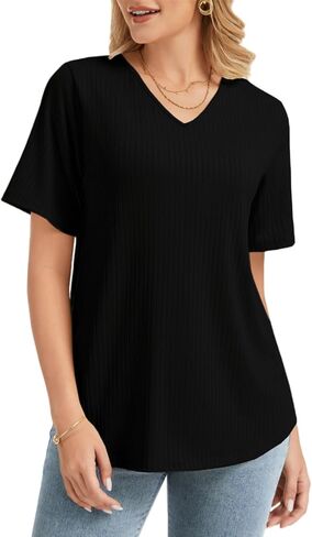 Women Summer Short Sleeve Tunic Tops Shirts V Neck Plus Size Outfits Loose Fit Dressy Casual Business Blouses in Saudi Arabia