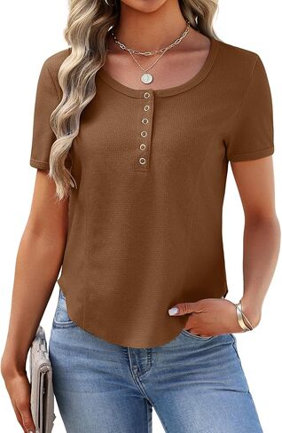 Women's Waffle Knit Tops Short Sleeve Button Henley Shirts Business Casual Blouses Lightweight Summer Top 2026 in Saudi Arabia