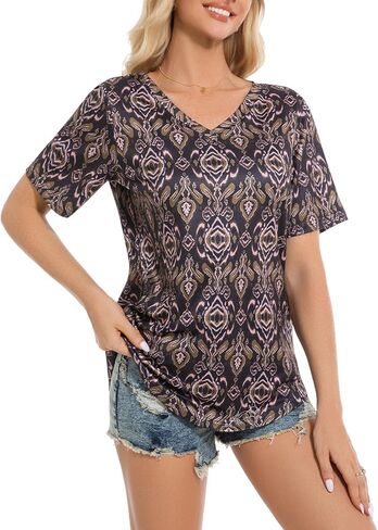 Women Boho V Neck Tunic Tops Floral Printed Short Sleeve Summer Shirts Plus Size Loose Fit Dressy Casual Blouses in Saudi Arabia