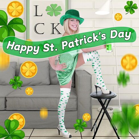 St. Patrick Day Socks Shamrock Striped Long Compression Socks for Women Irish Green Holiday Over the Knee High Socks in Saudi Arabia