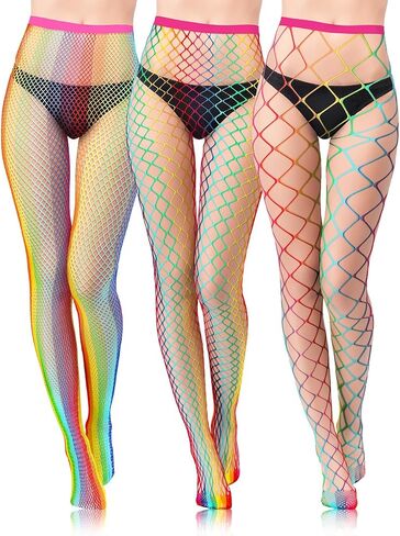 Rainbow Fishnet Tights for Women, 3 Pairs Rainbow Fishnet Socks with Small, Medium Large Fishnet Sizes for LGBTQ+ Pride Halloween Funky Style Parties Raves Festivals in Saudi Arabia