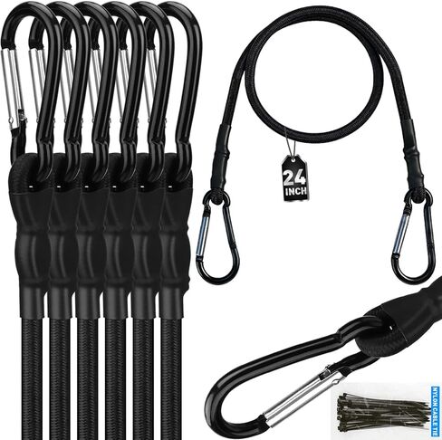 8-Piece 48-inch Adjustable Bungee Cords with Hooks, Heavy Duty Outdoor Carabiner Bungee Straps, Easily Adjust from 7" to 48", Black Super Elastic Cord for Cargo, Camping, Bike Racks, Tents in Saudi Arabia