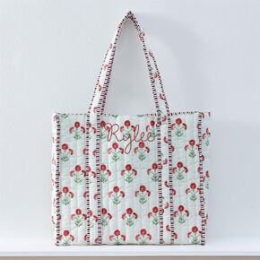 Threadart Personalized Quilted Tote Bag - Blue Block Print Embroidered with Initials - 16"x17.5"x6" - for Women, Shopping. Travel, Getaways, Gifts in Kuwait