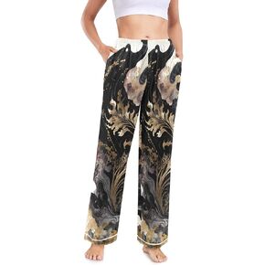 سروال بيجامة نسائي أسود ذهبي طباعة سائلة من الساتان الحريري، Pjs صالة قيعان ملابس نوم/رباط/جيوب/S in Kuwait