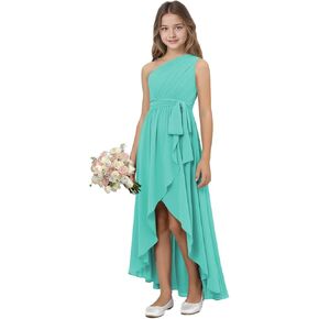 Rlweus Junior Bridesmaid Dresses for Teen Girls One Shoulder Sleeveless Chiffon Flower Girl Dress for Wedding Guest in Kuwait