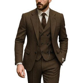 Vintage Men's Suits Regular Fit 3 Piece Tweed Herringbone Double Breasted Tuxedos Blazer+Vest+Pants Wedding in Saudi Arabia