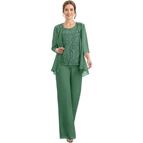 Chiffon Appliques Mother of The Bride Pant Suits 3 Pieces Women Formal Wedding Dress with Jacket Jade in Saudi Arabia
