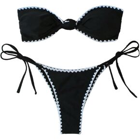 WDIRARA Women's Knot Bandeau Bikini Set Strapless Swimsuit Contrast Trim 2 Piece Bathing Suit in Kuwait