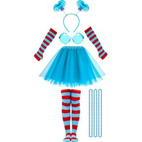 مجموعة إكسسوارات أزياء توتو زرقاء للنساء من 6 قطع مع تنورة توتو مخططة وجوارب عالية وأكمام ونظارات وقلادة رأس مشعرة لحفلات الهالوين in Kuwait