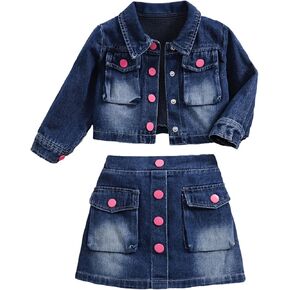 2-7T Little Girls 2-Piece Outfit Denim Jacket and Skirt Set Dark Blue Jean Clothes Pink Button-Down Clothing Sets Casual in Saudi Arabia
