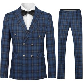 Iynnijoy Mens Plaid Suit Double Breasted Slim Fit 2-Piece Formal Jacket Tux Pants for Prom Wedding Party in Kuwait