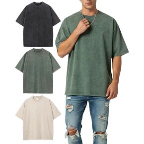 Men's Oversized Heavyweight Cotton T-Shirts, Unisex Acid Wash Thick Short Sleeve Tees Casual Baggy Crewneck Tops in Saudi Arabia