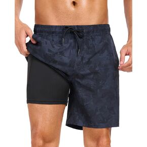 سروال سباحة رجالي مع بطانة ضغط 7 بوصة شورت سباحة سريع الجفاف للسباحة للشاطئ ملابس سباحة مع جيوب in Kuwait