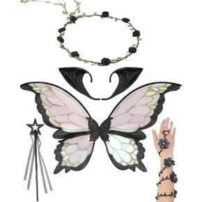 مجموعة أزياء أجنحة الجنية - 5 قطع تاج الزهور وآذان القزم وأجنحة الفراشة وذراع الزهرة الملتفة على شكل عصا الجان زي الهالوين in Kuwait