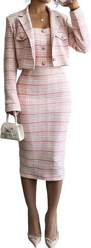 Women Plaid 2 Piece Outfits Cropped Blazer and Sleeveless Midi Dress Sets Business Casual Suits Pink Large in Saudi Arabia