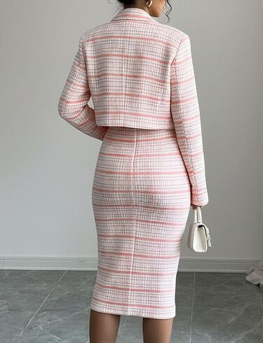 Women Plaid 2 Piece Outfits Cropped Blazer and Sleeveless Midi Dress Sets Business Casual Suits Pink Large in Saudi Arabia