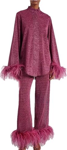 Women's Sequin Feather Patchwork Loose Suit Stand Collar Long Sleeved Temperament Button Solid Color Long Sleeved Set in Saudi Arabia