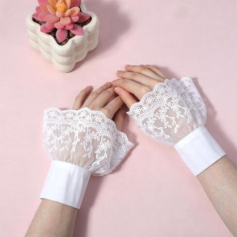 2pcs White Lace Wrist Cuff with Double-Button, Wrist Ruffles, Adjustable White Cuffs for Girl Women Wedding Party Sweater Clothing Accessories in Saudi Arabia