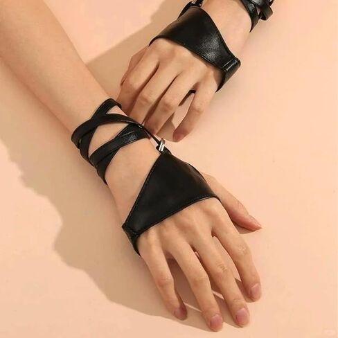 1 Pairs Punk Black PU Leather Fingerless Gloves Adjustable Strap Black Artificial Leather Biker Gloves Gothic Costume Accessories for Women in Saudi Arabia