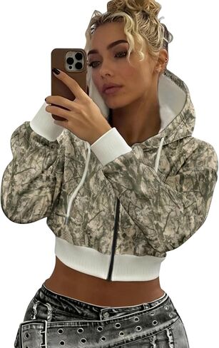 Women's Cropped Camo Hoodie Zip Up Sweatshirt Long Sleeve Jacket Crop Top Y2K Fashion Fall Winter Clothes in Saudi Arabia