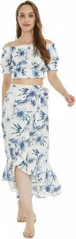 Matchable Women's Hawaiian Print Smock Top and Wrap Ruffle Skirt in Day Dream Bloom in Saudi Arabia