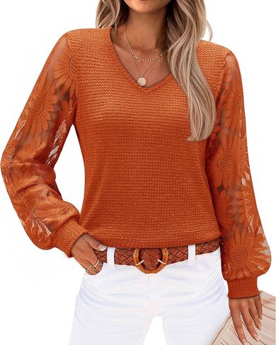 siliteelon Womens Blouses Long Sleeve Shirts V Neck Floral Lace Tops Elegant Business Casual Outfits in Saudi Arabia