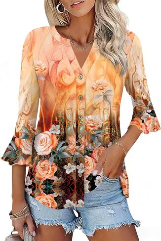 تي شيرت نسائي بأزرار للأسفل من Ivicoer تي شيرت بأكمام 3/4 وفتحة رقبة على شكل حرف v تي شيرت صيفي غير رسمي للسيدات بأكمام جرس مكشكشة in Kuwait