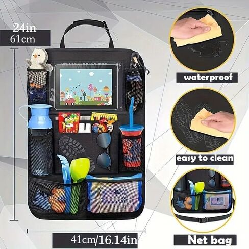 1PC Black Polyester Fiber Car Seat Back Organizer with Mesh Pockets, Durable and Practical Vehicle Chair Backrest Storage Bag, Black in Saudi Arabia
