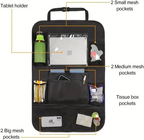 1PC Black Polyester Fiber Car Seat Back Organizer with Mesh Pockets, Durable and Practical Vehicle Chair Backrest Storage Bag, Black in Saudi Arabia