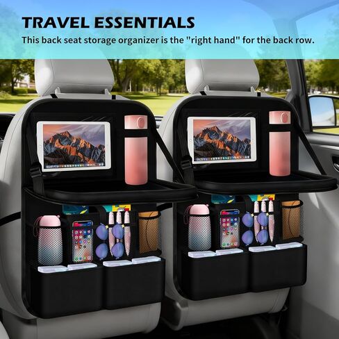 2026 Upgraded Backseat Car Organizer,Multifunctional Back Seat Car Organizer with Cars Tray & Cup Holder,Roadtrip Essentials Foldable Back of Seat Cars Organizers for Most Vehicles in Saudi Arabia