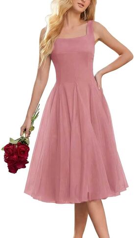 Women's Midi Tulle Summer Prom Dresses Smocked Mesh Puffy Formal Wedding Guest Bridesmaid Cocktail Party Gown in Saudi Arabia