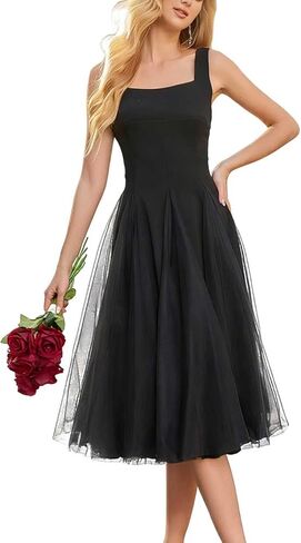 Women's Midi Tulle Summer Prom Dresses Smocked Mesh Puffy Formal Wedding Guest Bridesmaid Cocktail Party Gown in Saudi Arabia