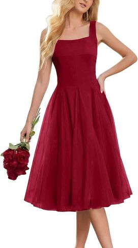 Women's Midi Tulle Summer Prom Dresses Smocked Mesh Puffy Formal Wedding Guest Bridesmaid Cocktail Party Gown in Saudi Arabia